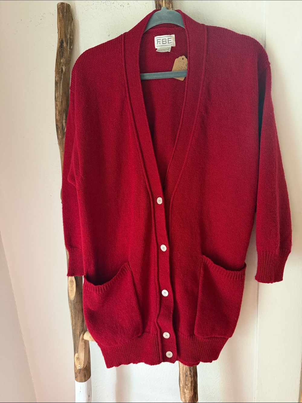 Vintage Deep Cherry Red V-Neck Wool Long Boyfriend Button 3/4 SLV Cardigan M/L